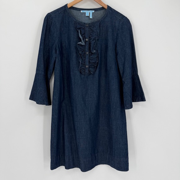 Draper James Dresses & Skirts - Draper James Chambray Shift Dress Ruffle Front Bell Sleeve Blue Size 6